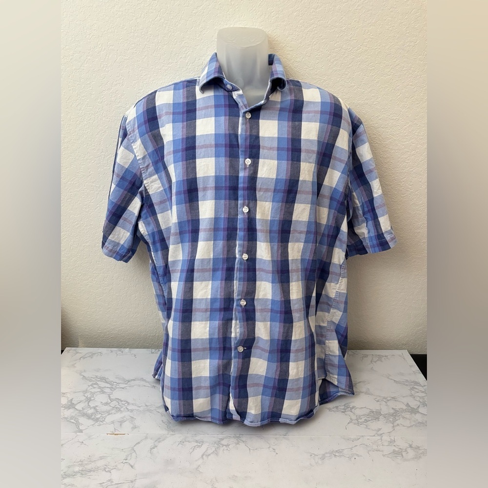 Linea Uomo Men's Blue Button Down Short Sleeve Shirt Size XXL Plaid​​